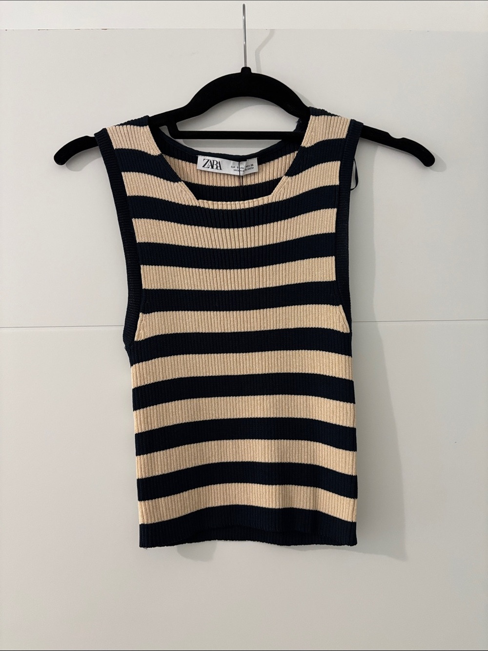 ZARA Navy and Cream Striped Knit Sleeveless Tank